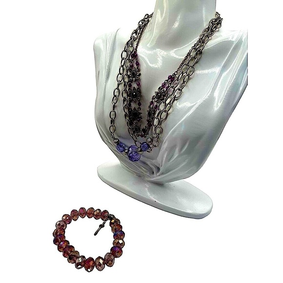 Vintage Layered Silver Chain & Purple Bead Necklace Bracelet Set N57 - Picture 2 of 9